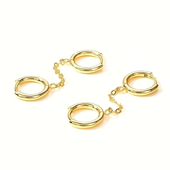 Gold Hoop Double Pierced Ears Chain Connected Hoops Earrings Minimalist Boho New - Picture 1 of 5
